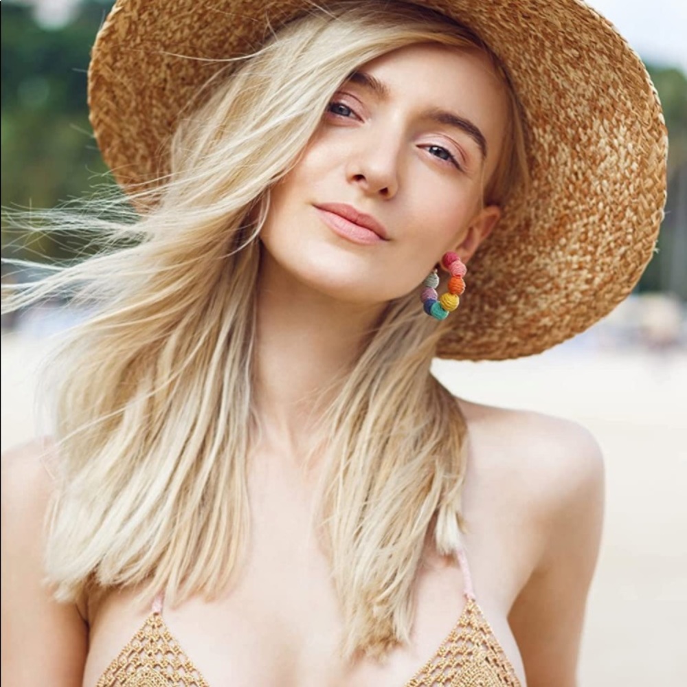 Beaches R Mah Jam⛵️🌴🌺Bohemian Boho Handmade Raffia Rainbow Statement Ear… - Picture 3 of 10